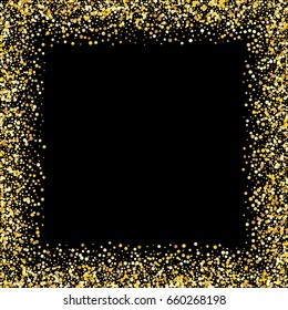 Golden Square Frame on black background. Gold glitter background. Template for holiday designs, invitation, party, birthday, wedding. Vector illustration, EPS10. 