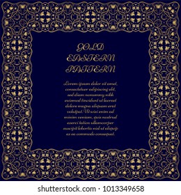 Golden square frame on dark blue background. Ornate vignette for Your design cards, invitations. Element in Arabic style. Vector illustration.