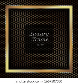 Golden square frame on gold hexagon pattern texture on black background. Vector illustration