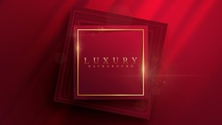 Golden Square Frame On Red Luxury Background With Glitter Light Effect Decoration.