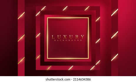 Marco cuadrado dorado sobre fondo de lujo rojo con una decoración de efecto luminoso brillante.