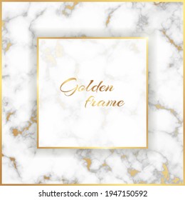 Golden square frame on a white marble background.