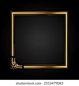Golden square frame with a pattern on a black background. Empty space for a painting, postcard, photograph. 3D realistic modern vector illustration of square template. A simple gold item mockup.