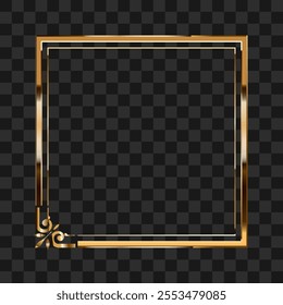 Golden square frame with a pattern for a painting, postcard, photograph on a transparent background. 3D realistic modern vector illustration of square template. A simple gold item mockup.