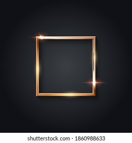 Golden square frame for picture on gray background. Blank space for picture, painting, card or photo. 3d realistic modern template vector illustration. Simple gold object on wall.