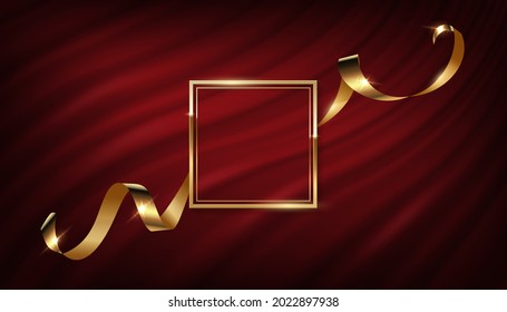 Golden square frame with ribbon on red curtain background. Vector gold border with serpentine on waving backdrop