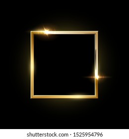 Golden square frame with shadow isolated on black background. Vector design element