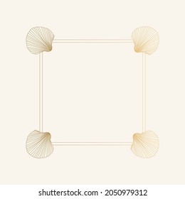 Golden square frame with shell. Vector vintage illustration.