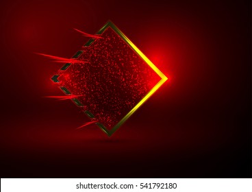 Golden square frame with sparks and rays with a slight glow. Red abstract vector background