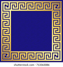 Golden square frame with traditional vintage Greek Meander pattern on blue background for design template.