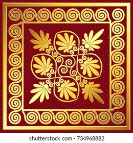 Golden square frame with traditional vintage Greek Meander and floral pattern on red background for design template.