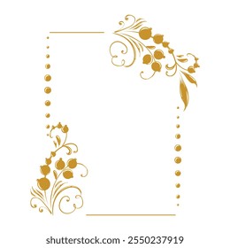 Golden square frame with vignettes. Folk corners with floral Slavic old Russian motif. Design of wedding invitations, anniversaries, congratulations. Vector isolated elegant border.