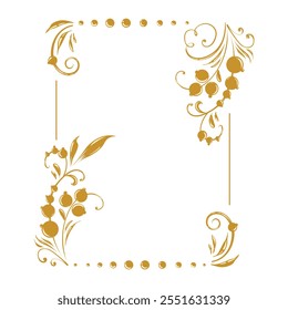 Golden square frame with vignettes. Folk corners with floral Slavic old Russian motif. Design of wedding invitations, anniversaries, congratulations. Vector isolated elegant border.