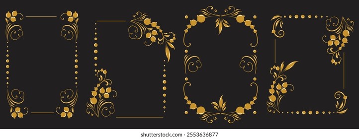 Golden square frame with vignettes. Folk corners with floral Slavic old Russian motif. Design of wedding invitations, anniversaries, congratulations. Vector isolated elegant border.