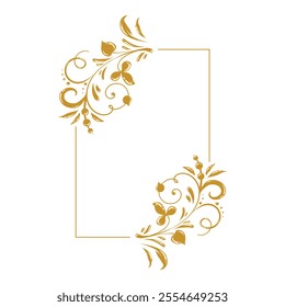 Golden square frame with vignettes. Folk corners with floral Slavic old Russian motif. Design of wedding invitations, anniversaries, congratulations. Vector isolated elegant border.