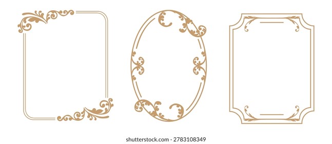 Golden square frame with vignettes. Folk corners with floral Slavic old Russian motif. Design of wedding invitations, anniversaries, congratulations. Vector isolated elegant border.