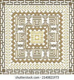 Golden square frames seamless pattern. Vector modern background. Greek key, meanders. Square frames, borders, symbols, lines, mazes. Abstract geometric tribal ethnic traditional ornaments. Isolated.