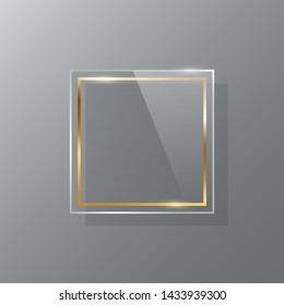 Golden square glass frame realistic vector mockup set. Luxurious makeup mirror isolated on gray background. Rectangle glossy decorations illustration. Modern interior decor items