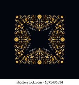 The golden square ornament is framed on the sides by a calligraphic pattern of flowers, curls, leaves and a silver square ribbon in the center on a black background