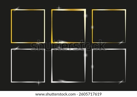 Golden square outlines. Shiny silver borders. Stylish metal frames. Vector glossy edges.