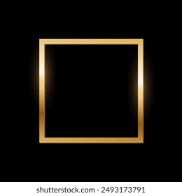 Golden square photo frame on black background. Gold button. Blank space for picture, painting, card. 3d realistic empty template vector illustration. Simple object mockup.