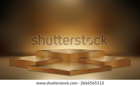 Golden square podiums arranged in layers on a stage with a luxurious golden lighting background. 3D scene for showcasing luxury products or awards.