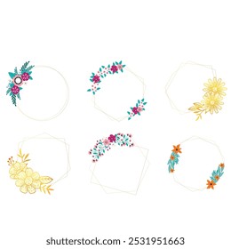 Golden square polygonal frame with branches and golden flowers White background and space for text. Vector illustration.