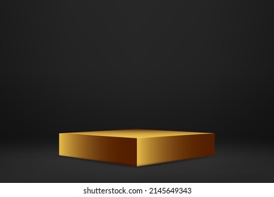 Podio de presentación cuadrado dorado sobre fondo oscuro abstracto