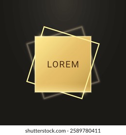 Golden square shape banner or gold frame with space for text. Vector illustration isolated on black background