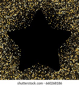 Golden Square Star Frame on black background. Gold glitter background. Template for holiday designs, invitation, party, birthday, wedding. Vector illustration, EPS10. 