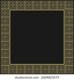 Golden square vintage frame on black background. Graceful arabesques and border. Version 9. Vector illustration