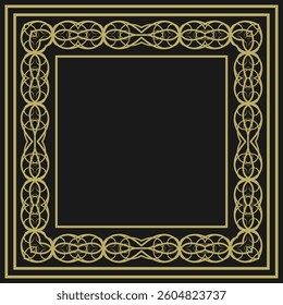 Golden square vintage frame on black background. Graceful arabesques and border. Version 7. Vector illustration