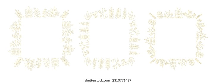 Golden Squared botanical frame vector set. Hand drawn golden floral borders. Wedding square frame design. 
