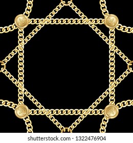 Golden squared and round chains seamless pattern on black background. Fashion luxury gold repeat background with jewelry for textile prints, wallpapers, wrapping, silk shawls.