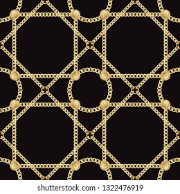 Golden squared and round chains seamless pattern on black background. Fashion luxury gold repeat background with jewelry for textile prints, wallpapers, wrapping, silk shawls.
