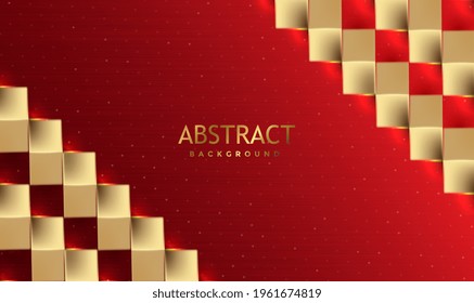 Golden squares isolated on luxury red background. Gold squares frame. Abstract metallic red background with gold squares and glitter. Abstract Gold bars with light shadows. Vector festive illustration