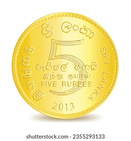 Moneda de Golden Sri Lanka Five Rupees aislada en fondo blanco en ilustración vectorial. Traducción: Sri Lanka, Cinco Rupias.