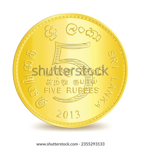 Golden Sri Lanka Five Rupees coin isolated on white background in vector illustration. Translation: Sri Lanka, Five Rupees.