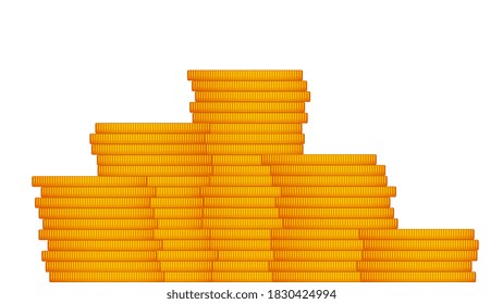 Golden stack of coins isolated on white. Cartoon style. Side view. Big jackpot. Vector 10.