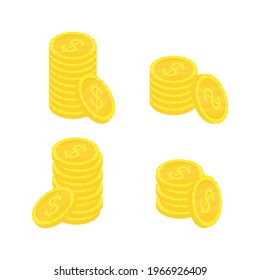 Golden stack coins set. Flat gold isometric icon. Economy, finance, money concept. Wealth symbol. Vector illustration isolated on white