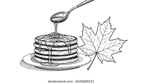 Golden Stack of Pancakes Drizzled with Syrup Next to a Canadian Maple Leaf