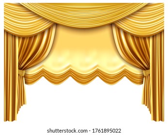 Golden stage curtain. Realistic silk curtains, luxury opera scene backdrop, gold opera, theater scene portiere drapes vector illustration. Opera and concert premiere, fabric velvet