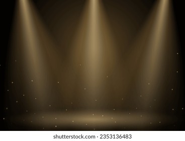 Golden Stage With Glowing Spotlight and Golden Glitter Lights  Background. Golden Stage Background. Vector Illustration.