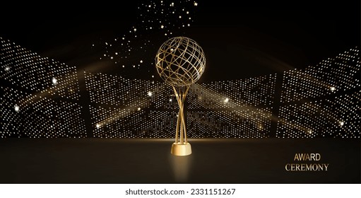 El escenario dorado ilumina el fondo gráfico de los premios reales. Banner abstracto elegante con las líneas de inscripción rápidas para recibir un certificado de trofeo.