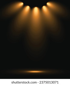 Golden stage light set in  dark background. Gold lights rays scene background. Vector stage with set of blue spotlights.
