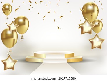 Golden stage podium with falling down colorful confetti and balloons on light background. Fashion mockup pedestal template vector illustration.