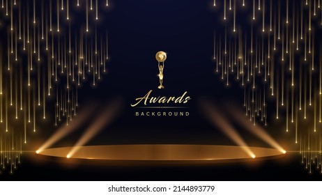 Golden Stage Spotlights Royal Awards Graphics Background. Lights Elegant Shine Modern Template. Space Falling Star Particles Corporate Template. Classy speedy lines Abstract trophy Certificate Banner. - Shutterstock ID 2144893779