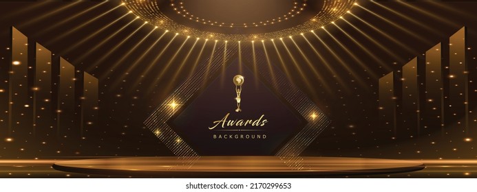 Golden Stage Spotlights Royal Awards Graphics Background. Lights Elegant Shine Modern Template. Space Falling Star Particles Corporate Template. Classy speedy lines Abstract trophy Certificate Banner. - Shutterstock ID 2170299653
