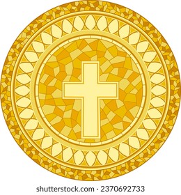 Goldener Buntglas-Vektorgrafik Christian Cross Mandala 