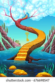 The golden stair with key. Vector cartoon illustration